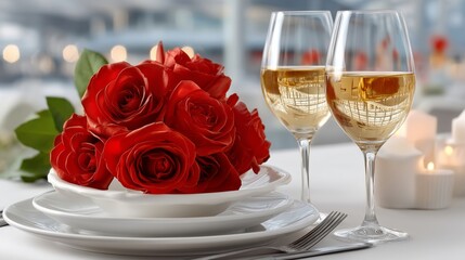 Romantic Dinner Setup with Roses and Wine for Valentine's Day