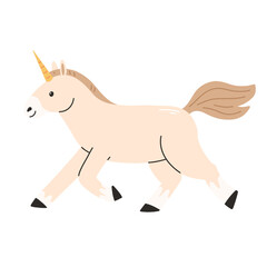 White running unicorn in cartoon flat style isolated on a white background. Vector illustration.