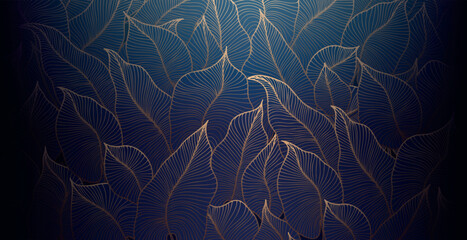 Golden leaves botanical background with modern style elements. Art deco or luxury wallpaper design. For wrapping, tropical vibes and decoration.Hand drawn line design