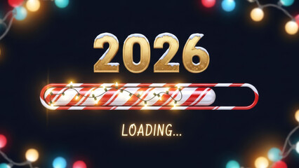 New Year 2026 loading bar concept with golden snow-capped numbers, candy cane texture, and festive lights.