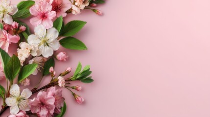 Naklejka premium Bright blossoms in pink and white are laid out on a soft pink background. Green leaves frame the flowers capturing the essence of spring and colorful blooms.