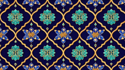 The image shows a decorative pattern featuring flowers in blue and green colors on a dark background. The design includes symmetrical shapes and intricate details.