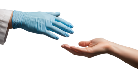 Healthcare connection: human hand reaching out to gloved medical hand for help and support