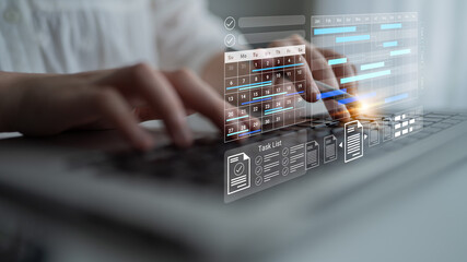 A modern office scene showcasing hands typing on a laptop, overlaid with digital task management and calendar graphics, symbolizing efficiency and productivity. Gantry