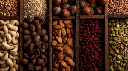 Various nuts seeds and grains are neatly arranged in wooden trays at a food market. Each compartment holds a different selection showing diverse textures and colors.