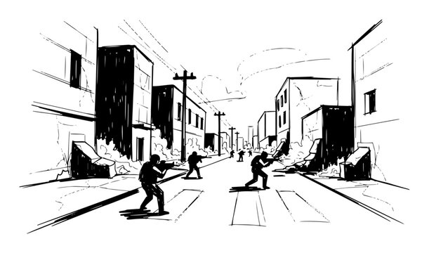 street fight in war torn city sketch illustration