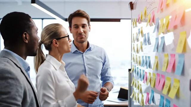 Diverse business team collaborating with sticky notes on whiteboard for project planning - Powered by Adobe