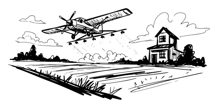 crop duster plane spraying pesticides on farm field sketch