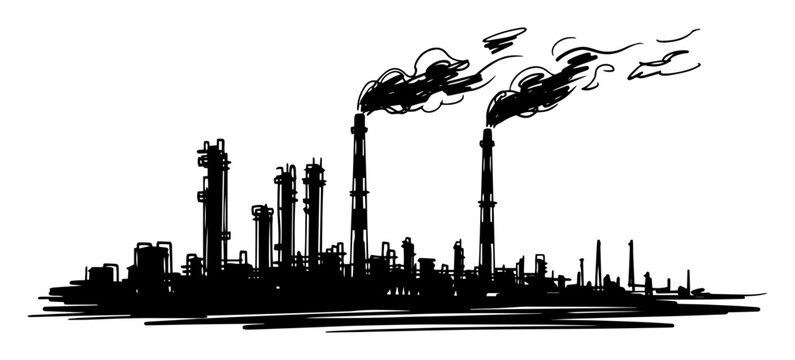 oil refinery plant with smoking chimneys air pollution sketch