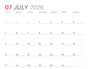July 2026 monthly planner calendar, week starts on Sunday. Clean vector illustration for web, print. Minimalist, modern schedule organizer, printable page for business and personal time management