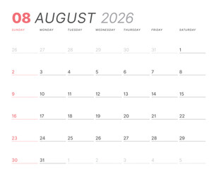 August 2026 monthly planner calendar, week starts on Sunday. Clean vector illustration for web, print. Minimalist, modern schedule organizer, printable page for business and personal time management