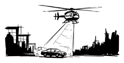 police helicopter searchlight on car in city black vector silhouette © Mago
