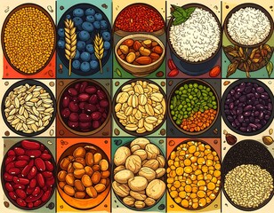 Colorful graphic showcasing various grains and legumes in bowls