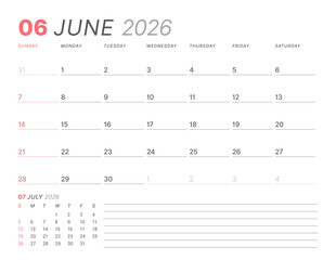June 2026 monthly planner calendar, week starts on Sunday. Clean vector illustration for web, print. Minimalist, modern schedule organizer, printable page for business and personal time management