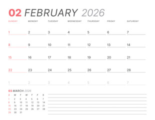 February 2026 monthly planner calendar template, week starts on Sunday. Minimalist vector illustration for web and print. Modern, simple schedule organizer, printable page for business, personal use