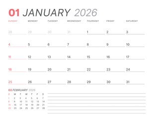 January 2026 monthly planner calendar template, week starts on Sunday. Minimalist vector illustration for web, print. Modern, simple schedule organizer, printable page for business and personal use