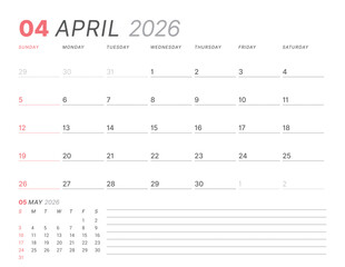 April 2026 monthly planner calendar, week starts on Sunday. Clean vector illustration for web, print. Minimalist, modern schedule organizer, printable page for business and personal time management