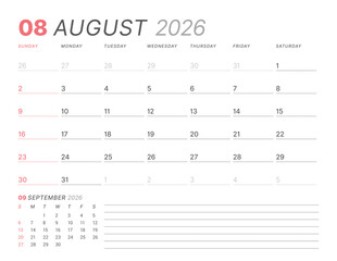 August 2026 monthly planner calendar, week starts on Sunday. Clean vector illustration for web, print. Minimalist, modern schedule organizer, printable page for business and personal time management