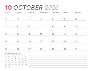 October 2026 monthly planner calendar, week starts on Sunday. Clean vector illustration for web, print. Minimalist, modern schedule organizer, printable page for business and personal time management
