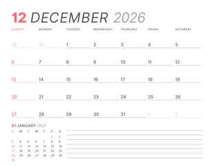 December 2026 monthly planner calendar, week starts on Sunday. Modern vector illustration for web, print. Clean, minimalist schedule organizer, printable page for business and personal time management