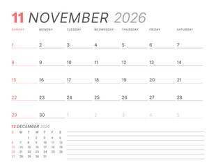 November 2026 monthly planner calendar, week starts on Sunday. Clean vector illustration for web, print. Minimalist, modern schedule organizer, printable page for business and personal time management