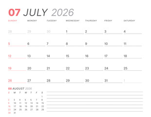 July 2026 monthly planner calendar, week starts on Sunday. Clean vector illustration for web, print. Minimalist, modern schedule organizer, printable page for business and personal time management