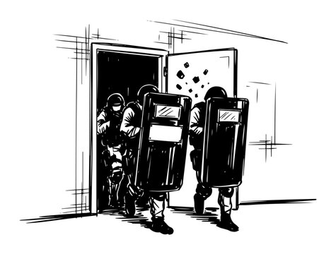 swat police team raid with riot shields breaking door vector sketch