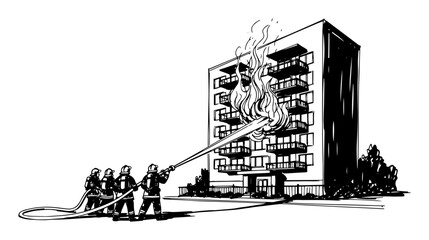 firefighter team battling high rise apartment building fire vector © Mago