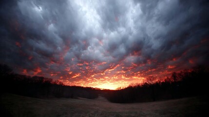 Dramatic fiery sunset illuminates a stormy sky over dark trees and a vast meadow