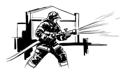 firefighter in action with fire hose black vector silhouette