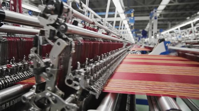 Textile weaving machine producing patterned fabric in industrial factory production line