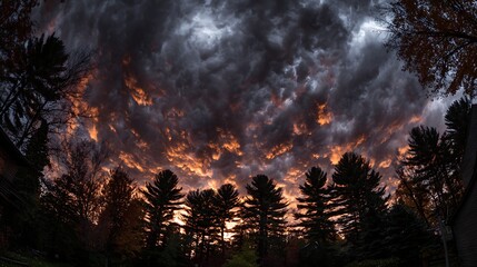 Dramatic sunset sky ablaze with orange and gold hues, silhouetted trees below