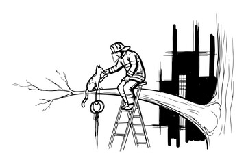 firefighter rescuing cat from tree sketch © Mago