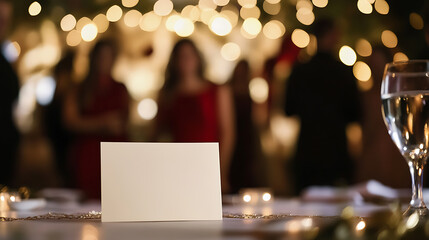 A festive evening unfolds with warm bokeh lights and a crisp glass of champagne. A blank name card awaits its guest, promising a night of joyful celebration and connection.