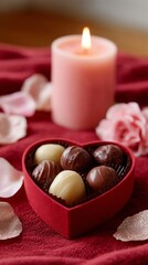 Romantic heart shaped chocolate gift with candle and rose petals