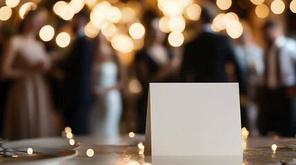 Festive gathering with a blank card foreground, perfect for a wedding reception or a celebration. Table settings are seen and lights are blurred in the background.