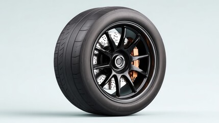 High-performance black tire with intricate tread design and sleek alloy wheel, showcasing advanced engineering and automotive innovation, perfect for racing enthusiasts and car aficionados