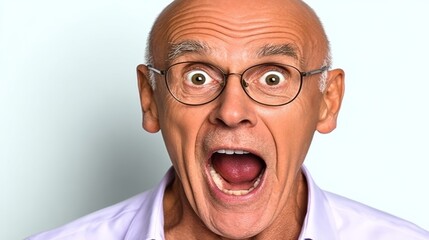 Elderly man with glasses expressing surprise and excitement, showcasing a joyful reaction with wide-open mouth and bright eyes, conveying a sense of enthusiasm and liveliness in a neutral background