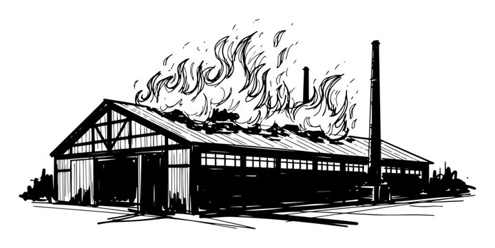 burning warehouse industrial building sketch