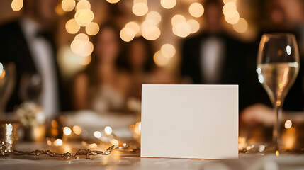 An elegant event is set with warm lighting, a champagne glass, and a blank card ready for a personalized message. The atmosphere is festive and intimate. A celebration!
