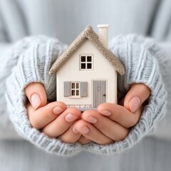 Hands Holding Cozy Model House. Concept of protection, home insurance.