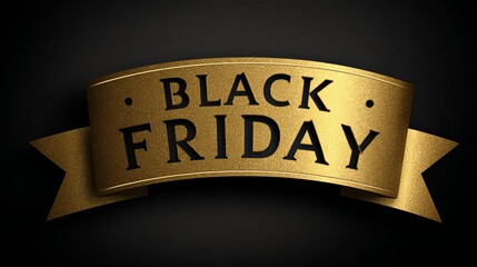 Stunning golden Black Friday sale banner ribbon elegantly announces massive discounts against a dark background