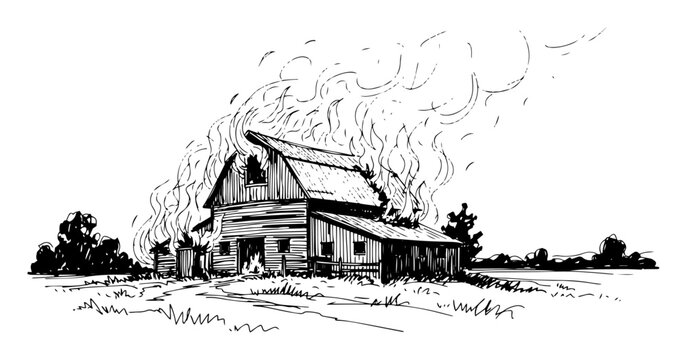 burning barn farmhouse on fire disaster vector sketch