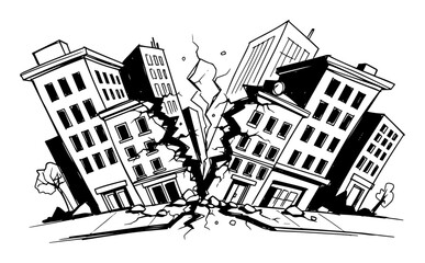 collapsing buildings during an earthquake disaster comic style