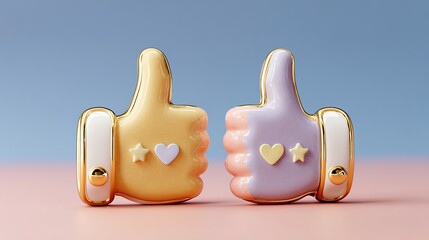 Stunning golden thumbs up icons in pastel colors beautifully symbolizing social media approval and positive feedback
