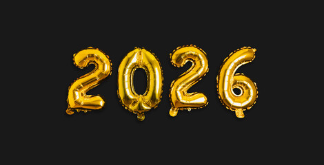 Golden metallic foil balloons of the number 2026 floating on a black background. Concept of celebration, New Year, prosperity, business and future.