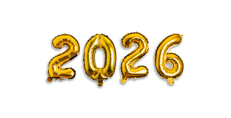 Golden metallic foil balloons forming the number 2026 on a white background. Clean, isolated concept for New Year celebration, business, and future success.