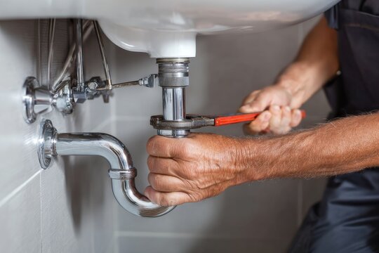 Plumber repairs sink plumbing with a wrench in a modern bathroom setting during the daytime