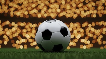 A soccer ball sits centered on green grass, set against a blurred background of twinkling lights. The scene evokes a sense of anticipation and excitement. 