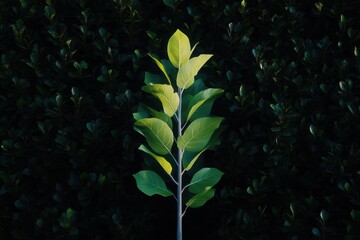 A vibrant green sapling stands tall amidst a backdrop of darker foliage, symbolizing growth and resilience